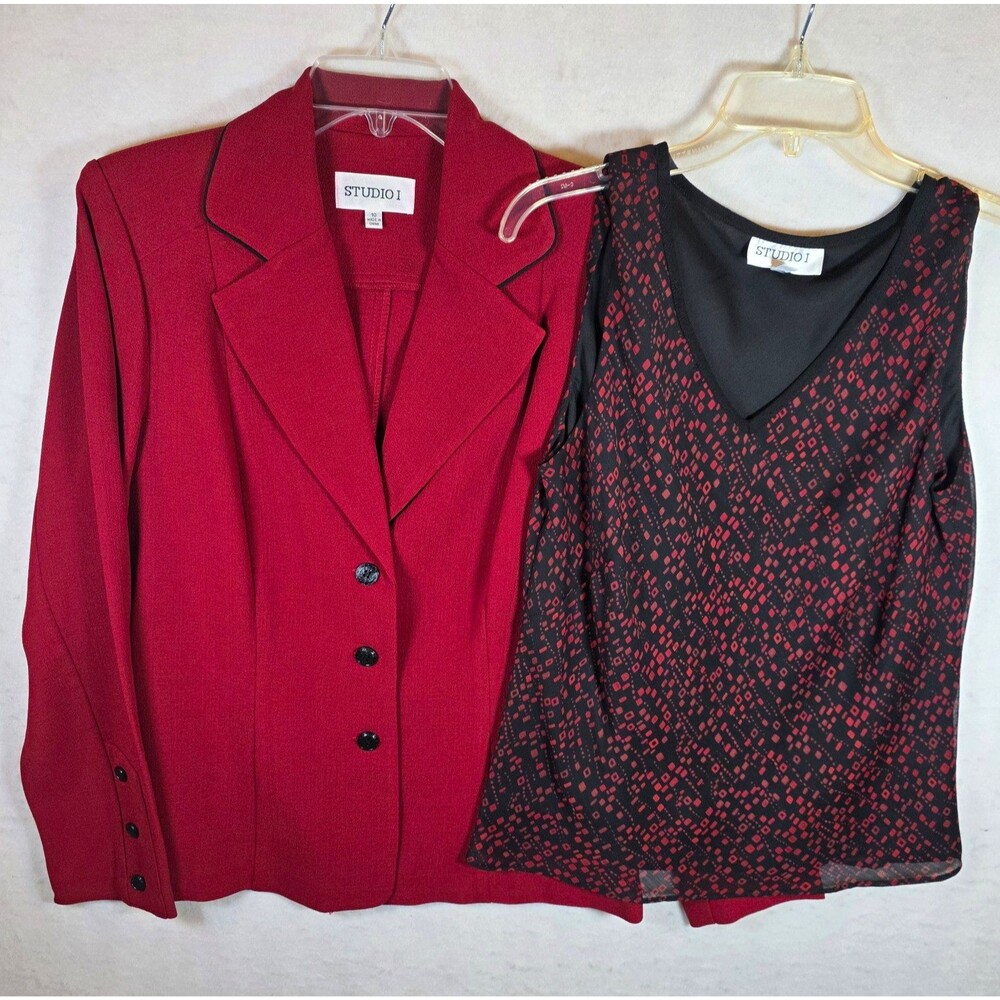 Studio I 2-Piece Blazer Set Red/Black Size 10 Polyester Spandex Notch Lapel Work
